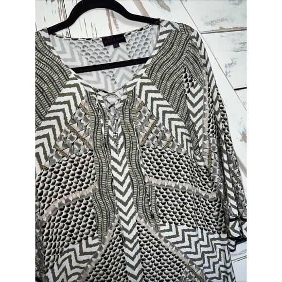 Hale Bob Large Tribal Geometric Knit Dress Lace Up V Neck Green White Half Slve - Picture 3 of 11